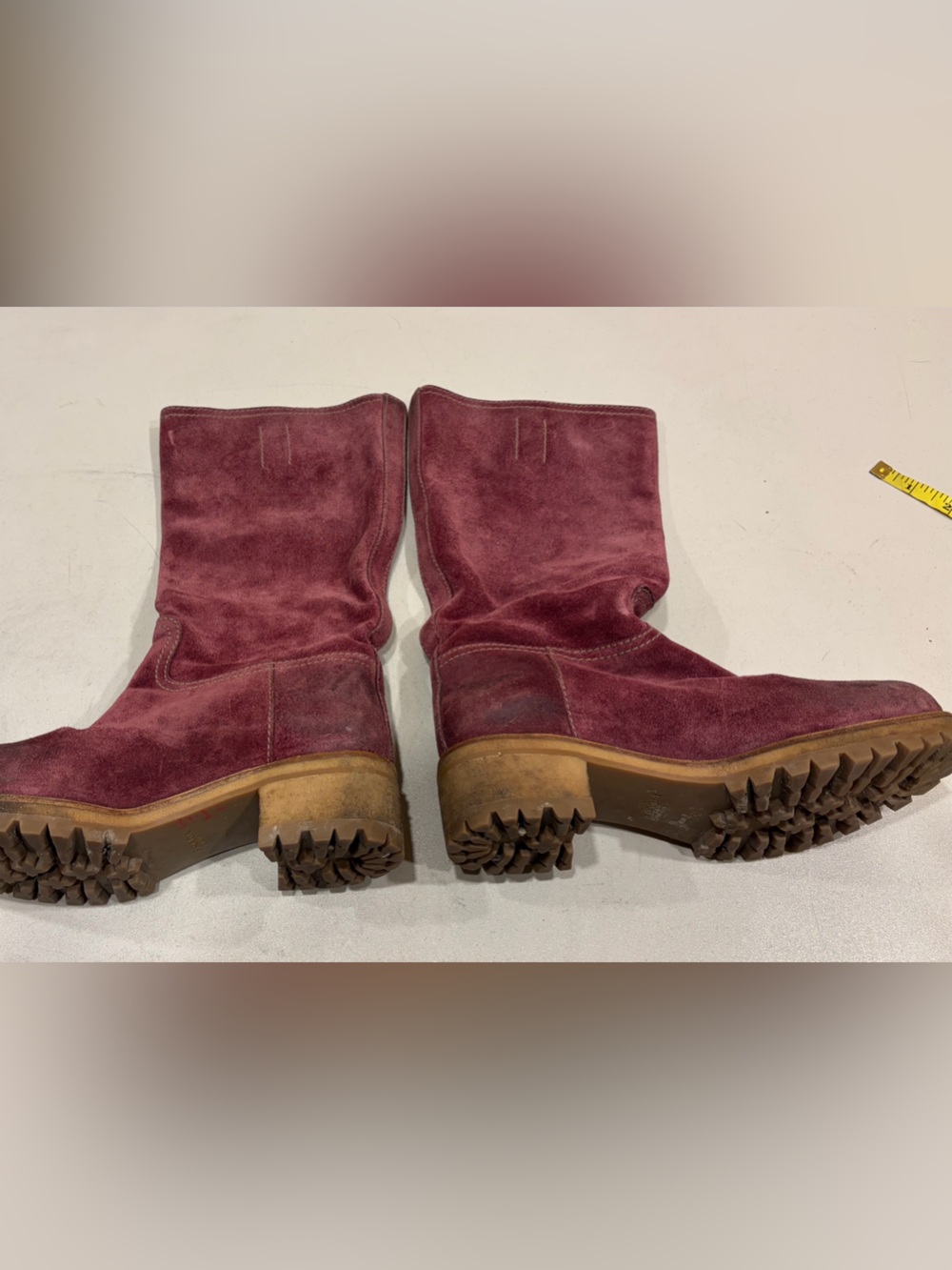 Prada moto lug sole  Burgundy Suede Mid-Calf Boots 36.5
